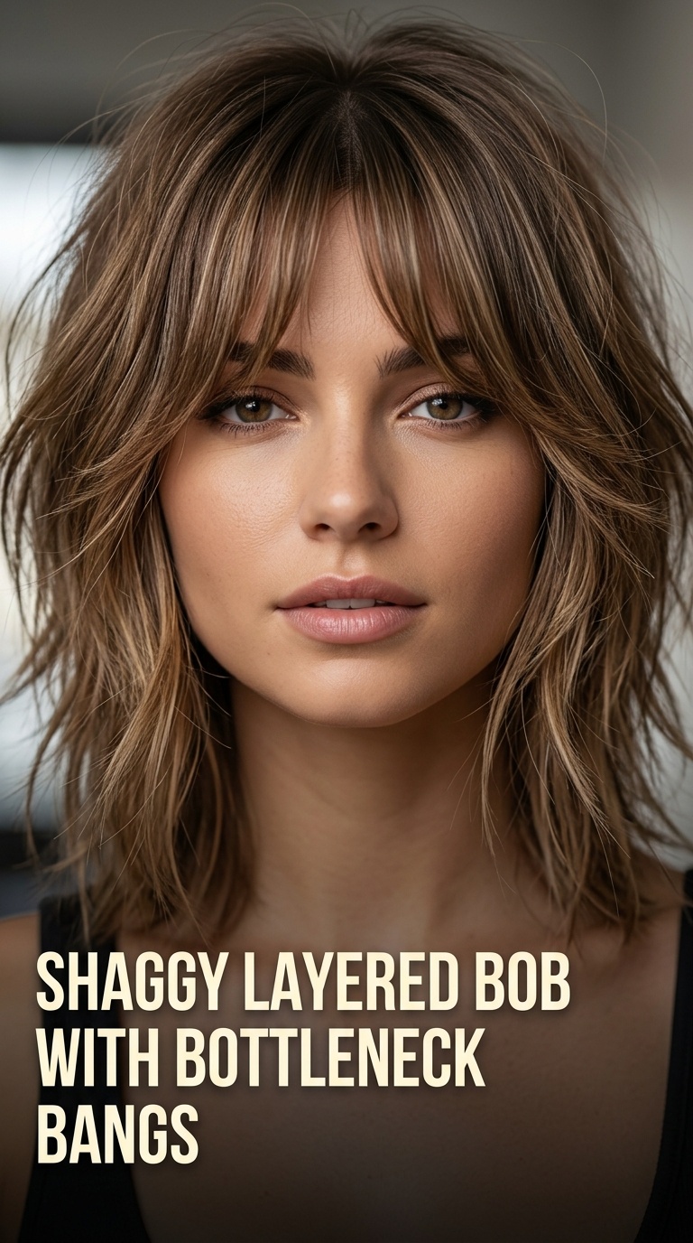 Shaggy Layered Bob with Bottleneck Bangs