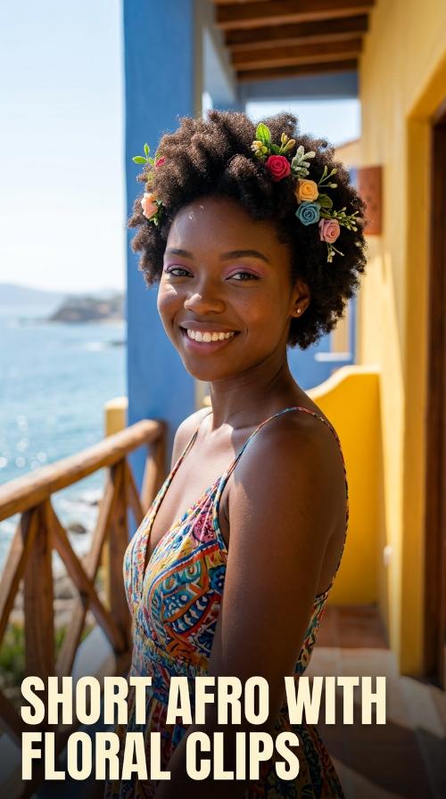 Short Afro with Floral Clips