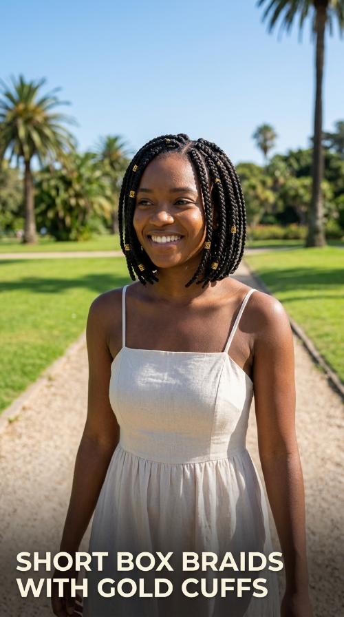 Short Box Braids with Gold Cuffs