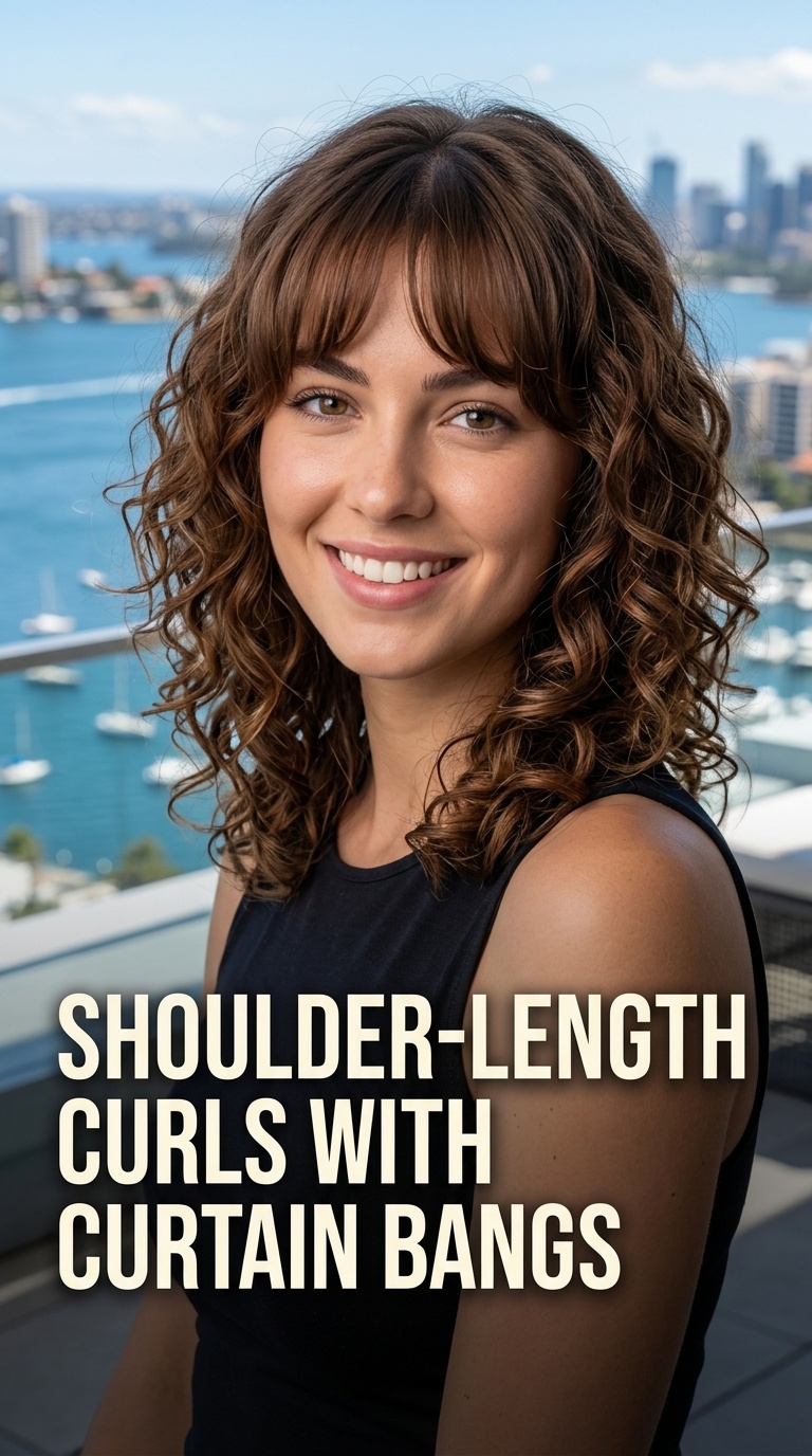 Shoulder-Length Curls with Curtain Bangs