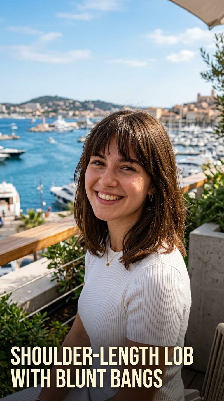 Shoulder-Length Lob with Blunt Bangs