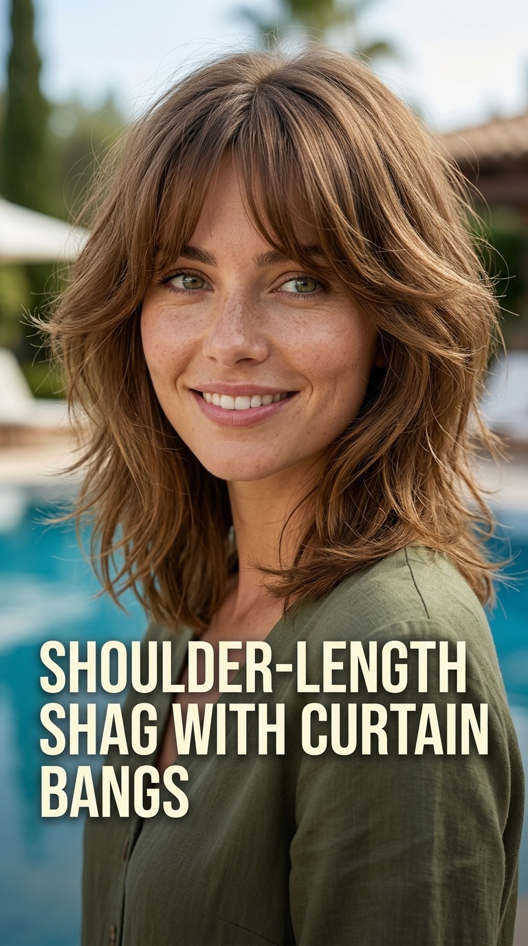 Shoulder-Length Shag with Curtain Bangs