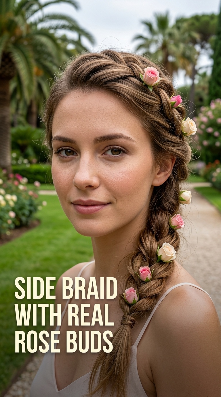 Side Braid with Real Rose Buds