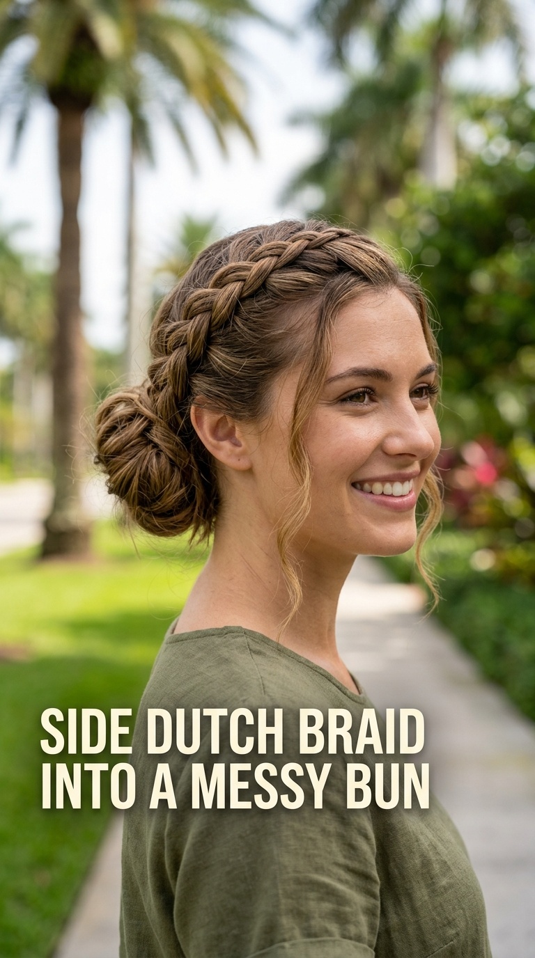 Side Dutch Braid into a Messy Bun