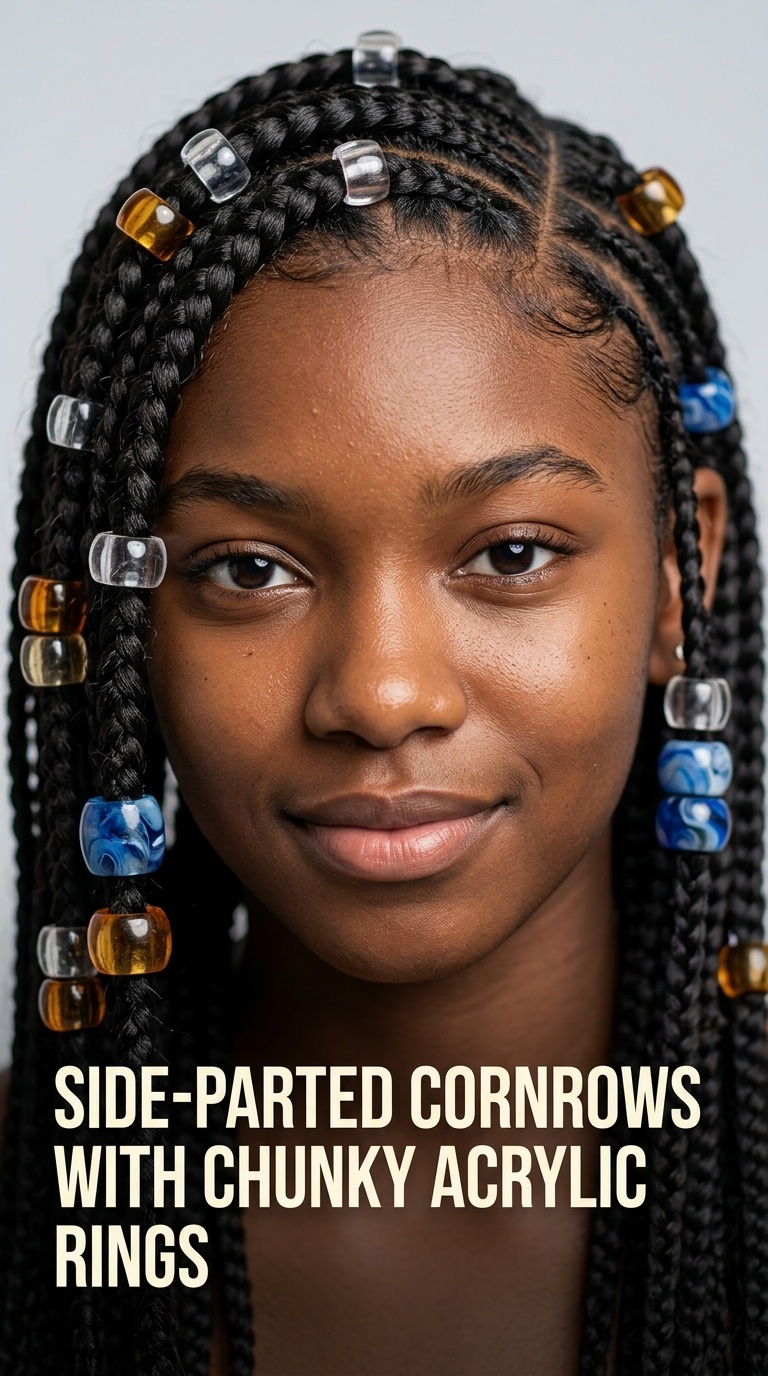 Side-Parted Cornrows with Chunky Acrylic Rings