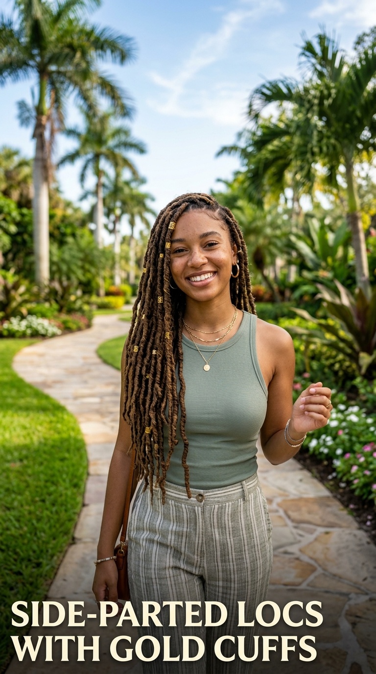 Side-Parted Locs with Gold Cuffs