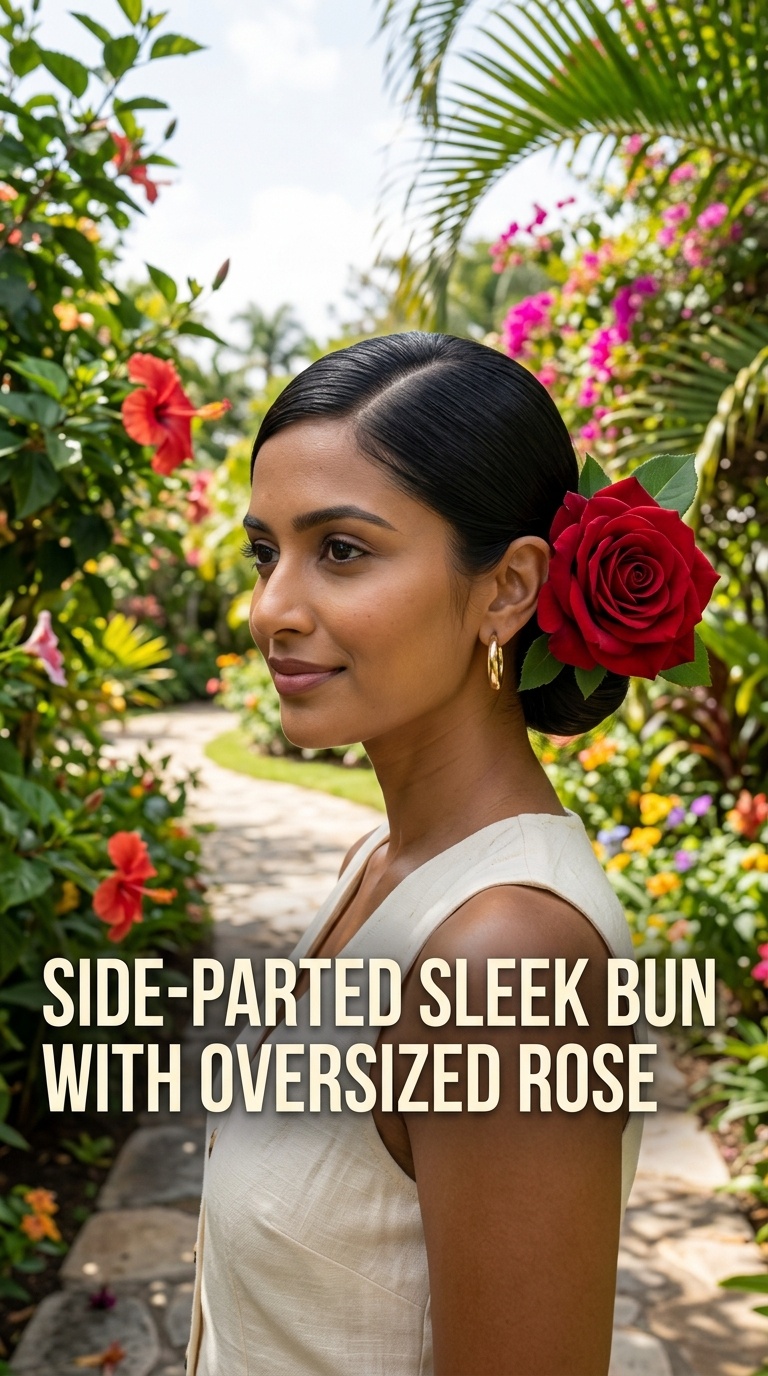 Side-Parted Sleek Bun with Oversized Rose