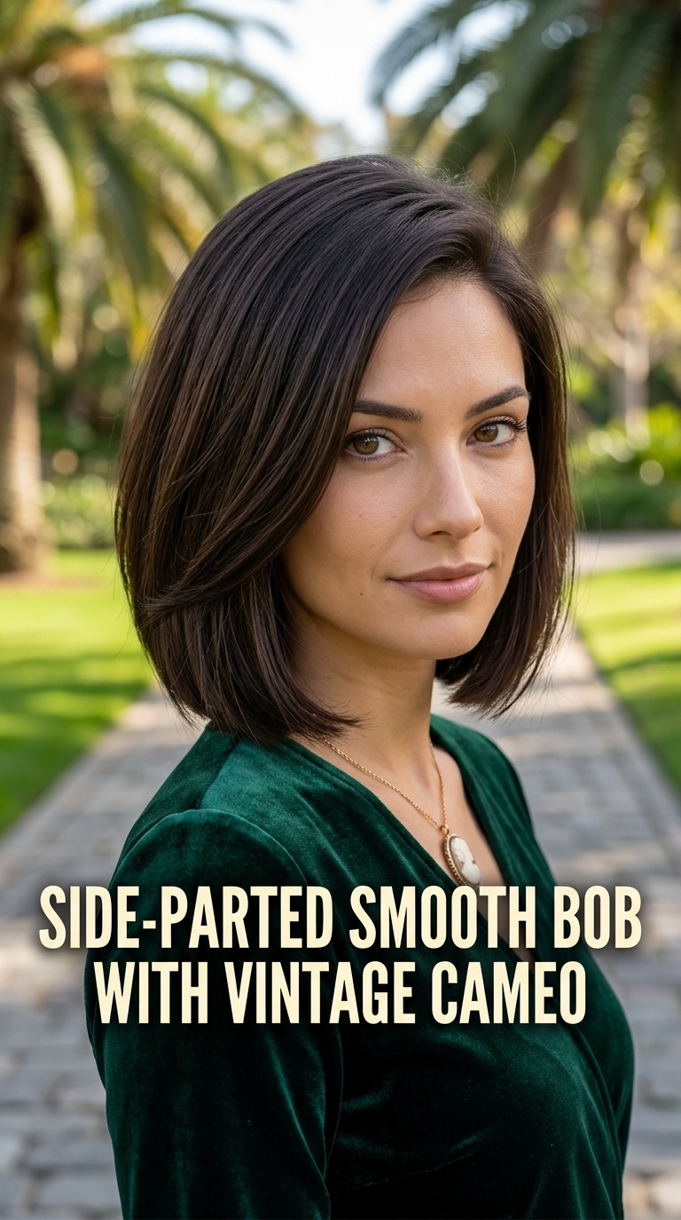 Side-Parted Smooth Bob with Vintage Cameo