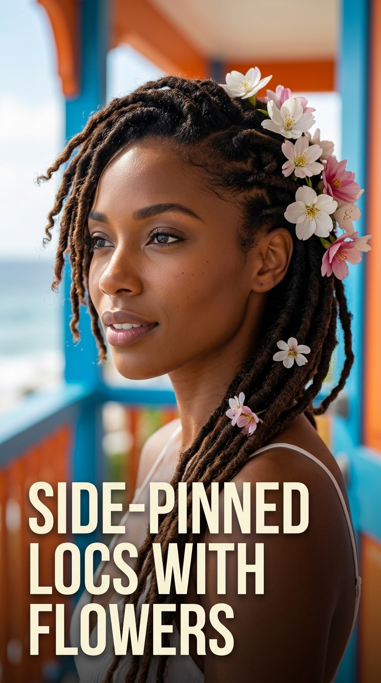 Side-Pinned Locs with Flowers
