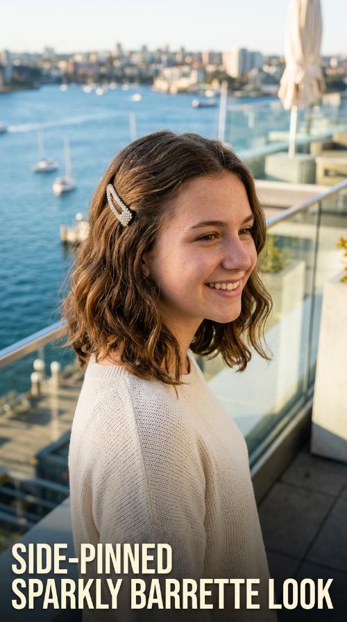 Side-Pinned Sparkly Barrette Look
