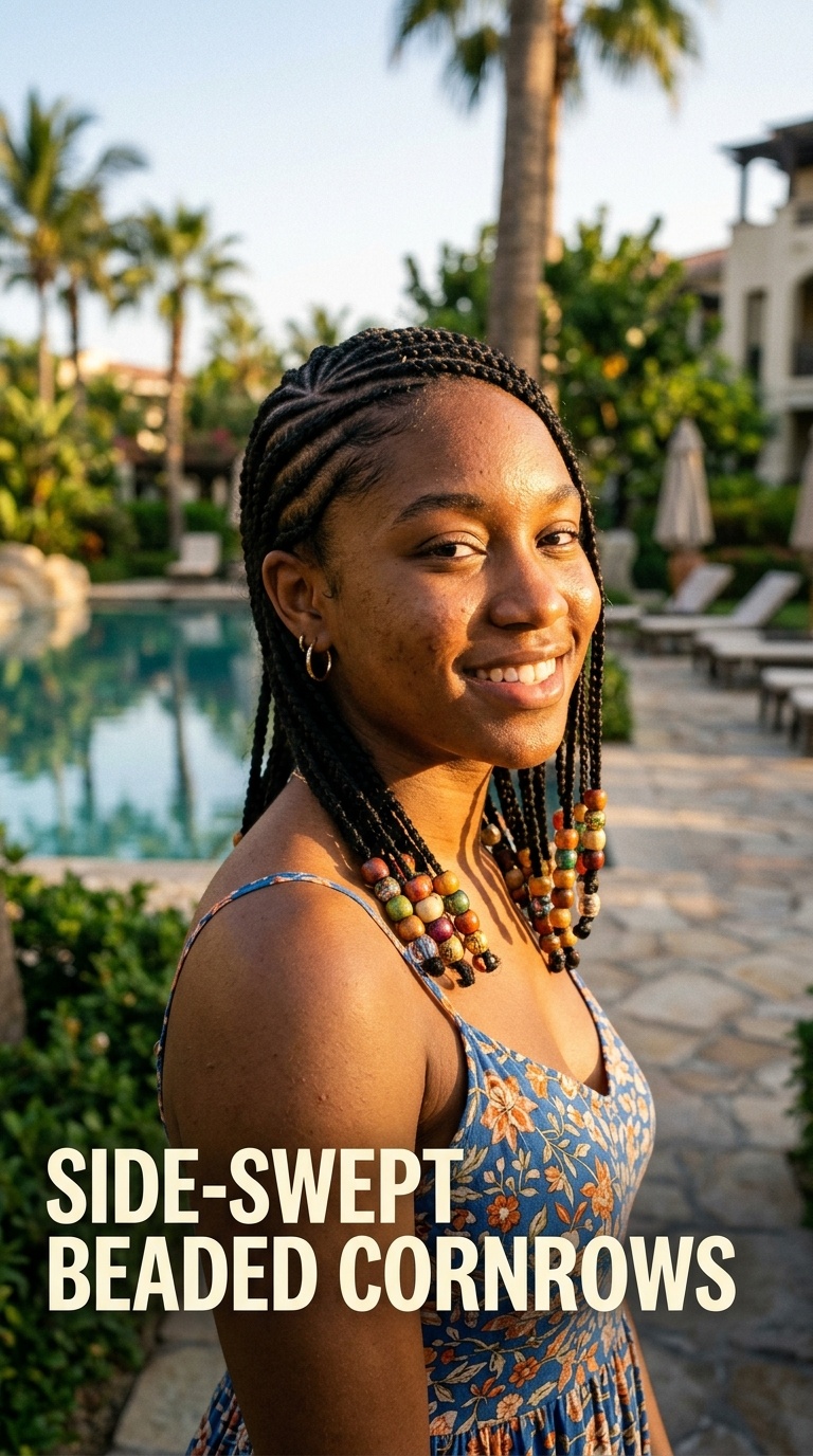 Side-Swept Beaded Cornrows