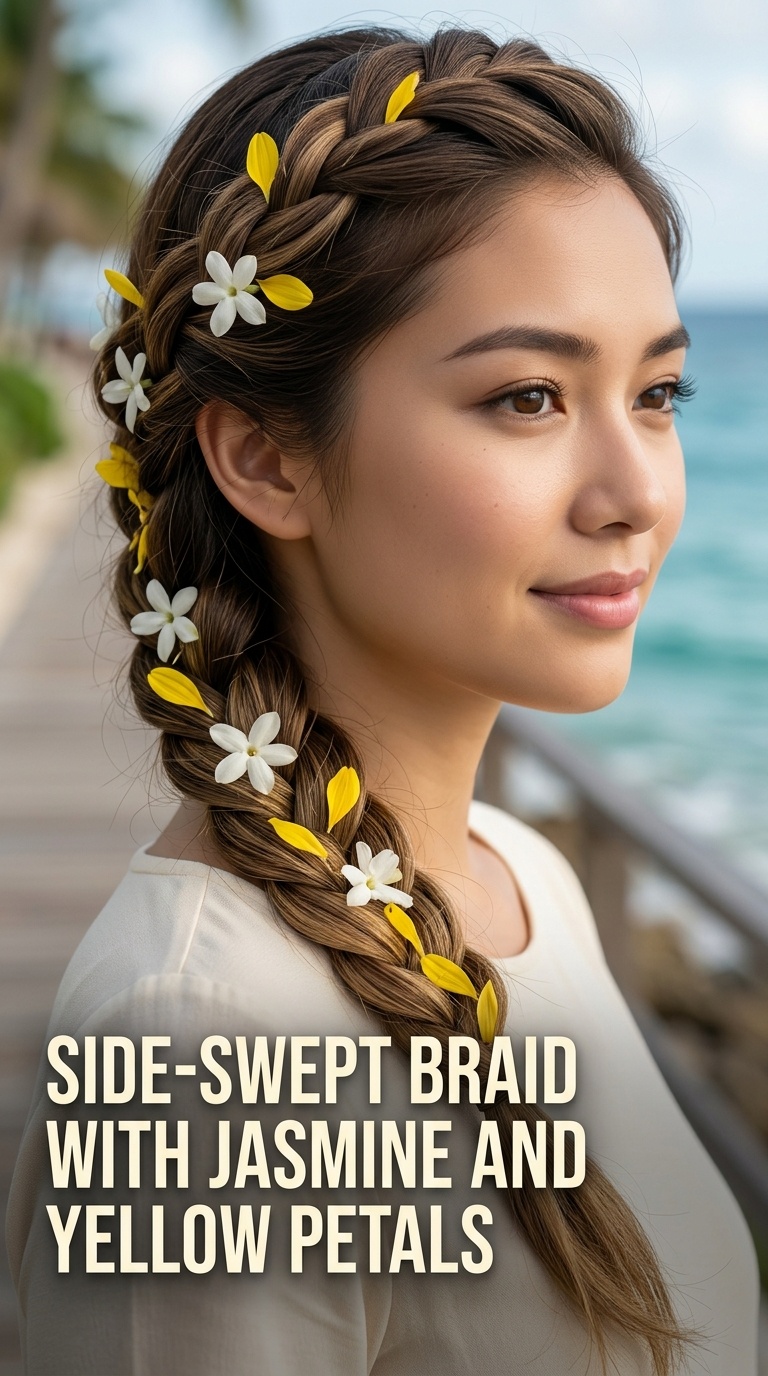 Side-Swept Braid with Jasmine and Yellow Petals