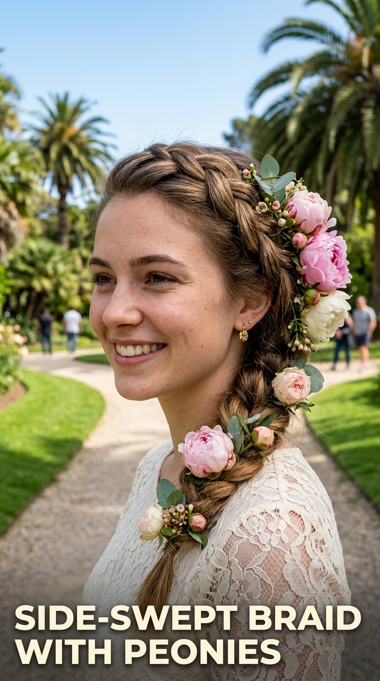 Side-Swept Braid with Peonies