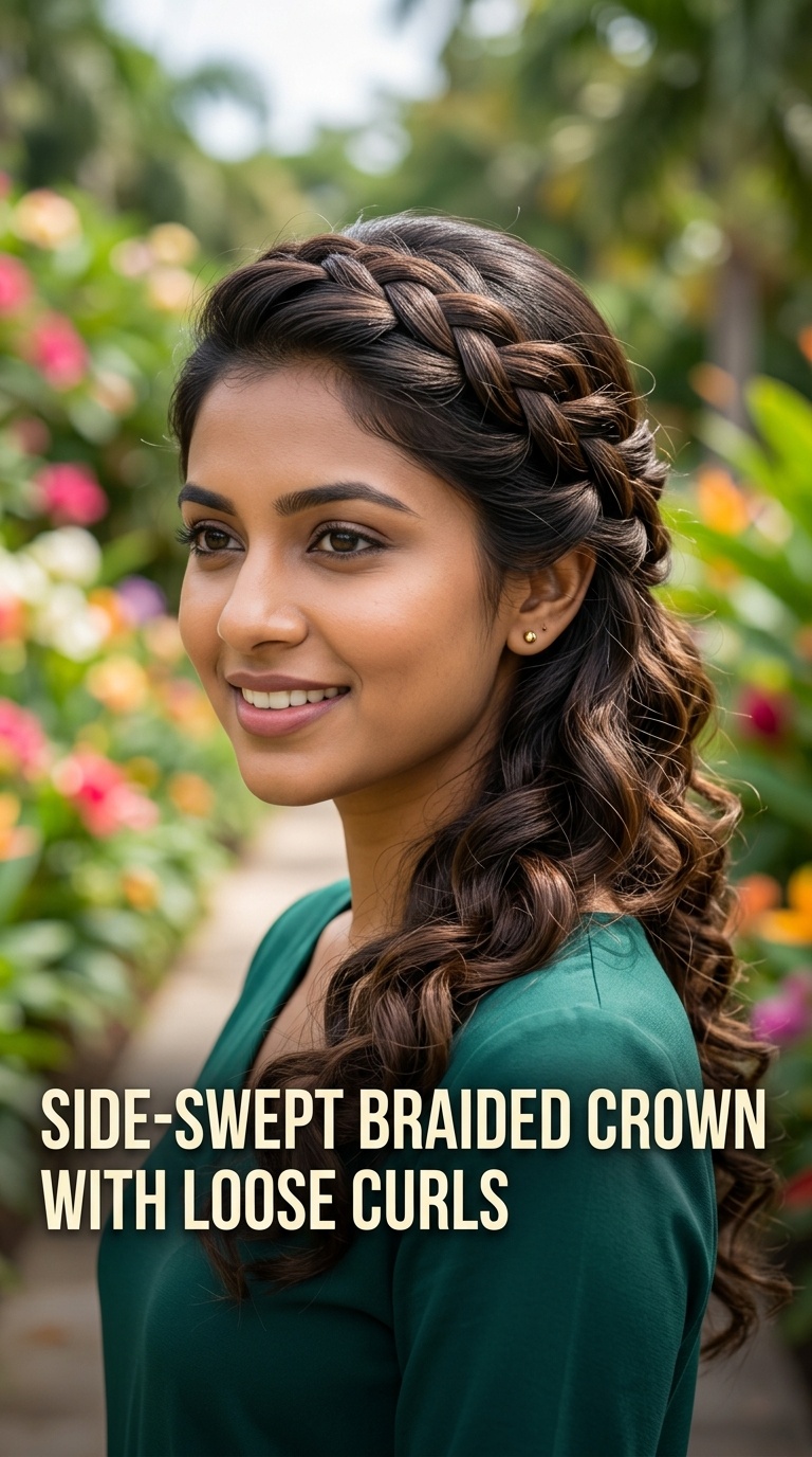 Side-Swept Braided Crown with Loose Curls