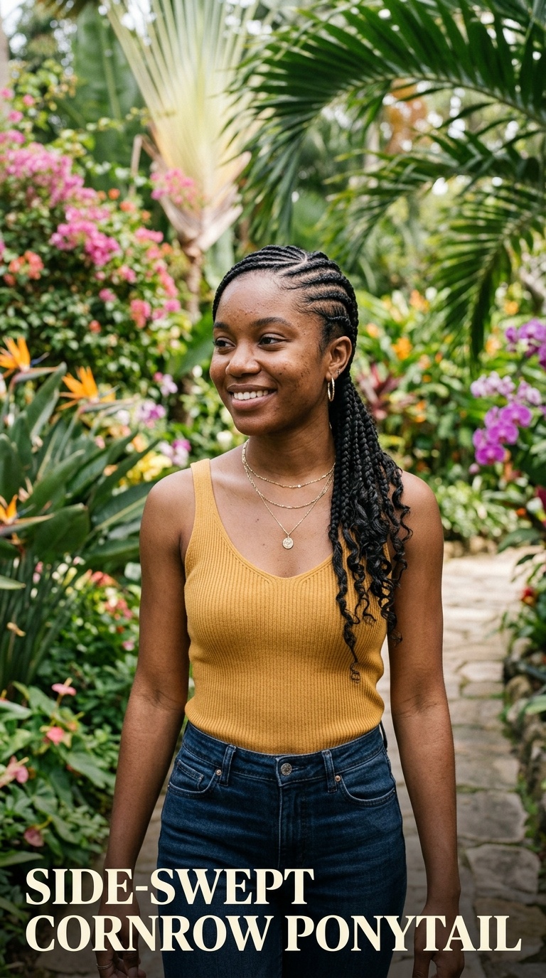 Side-Swept Cornrow Ponytail