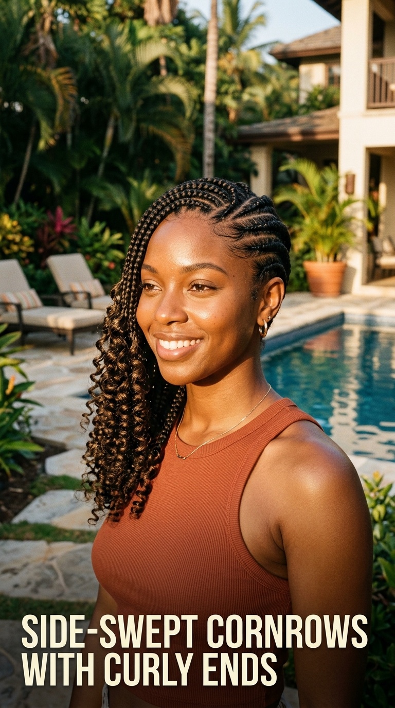 Side-Swept Cornrows with Curly Ends