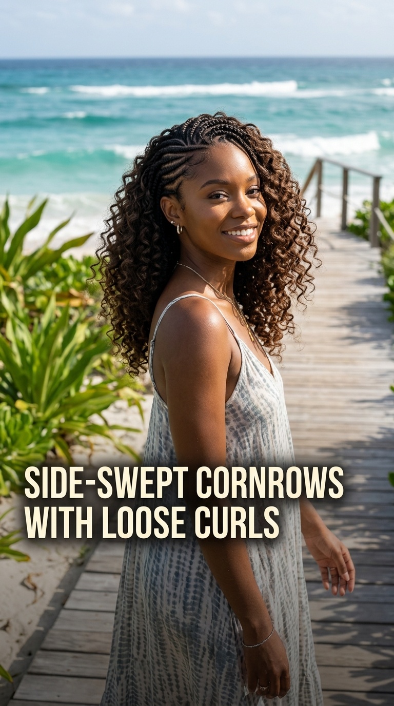 Side-Swept Cornrows with Loose Curls