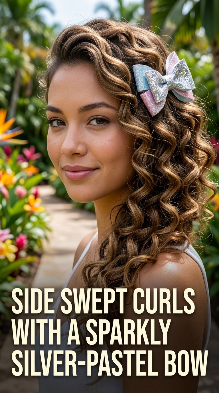 Side Swept Curls with a Sparkly Silver-Pastel Bow
