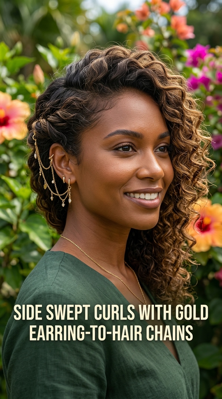 Side Swept Curls with Gold Earring-to-Hair Chains