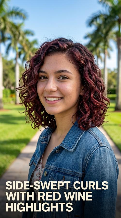 Side-Swept Curls with Red Wine Highlights