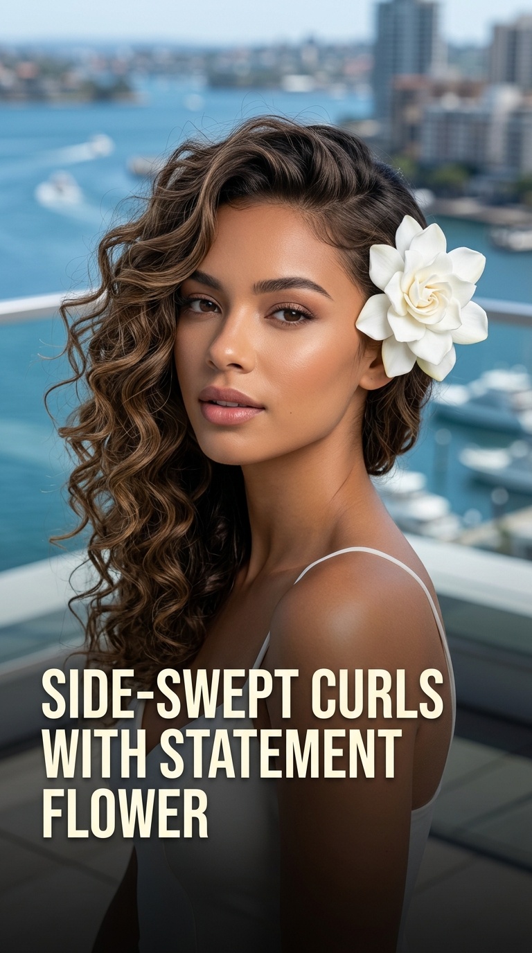 Side-Swept Curls with Statement Flower