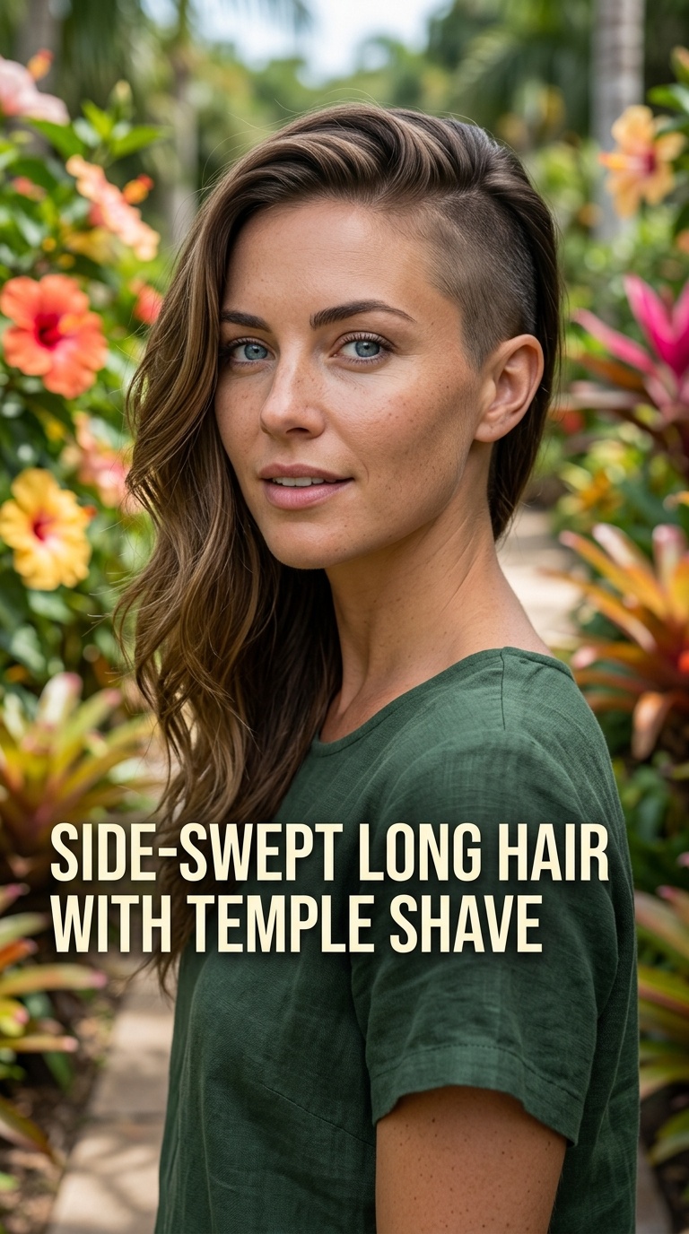 Side-Swept Long Hair with Temple Shave