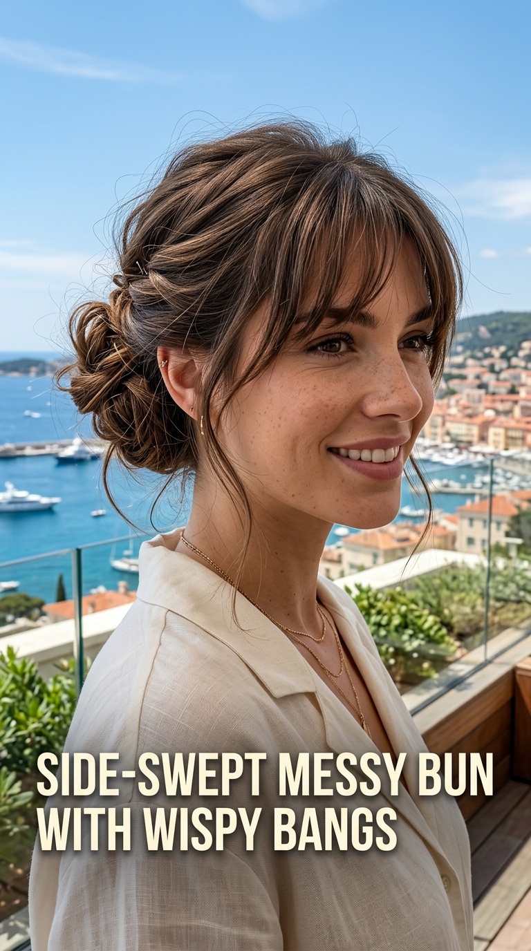 Side-Swept Messy Bun with Wispy Bangs
