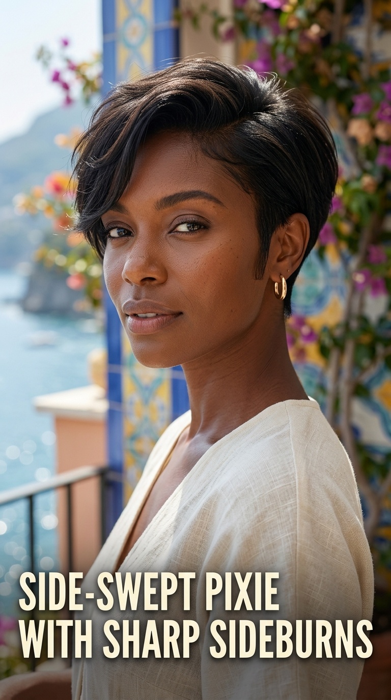 Side-Swept Pixie with Sharp Sideburns