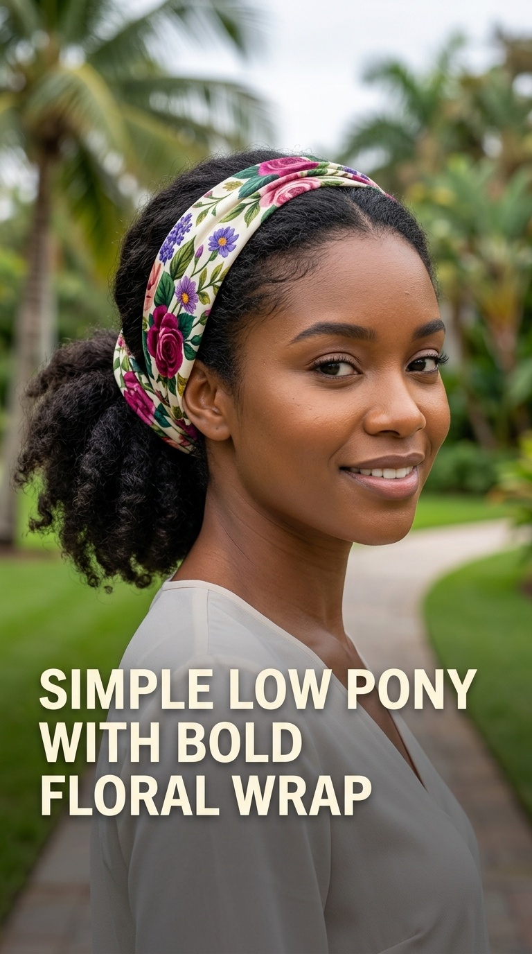 Simple Low Pony with Bold Floral Wrap