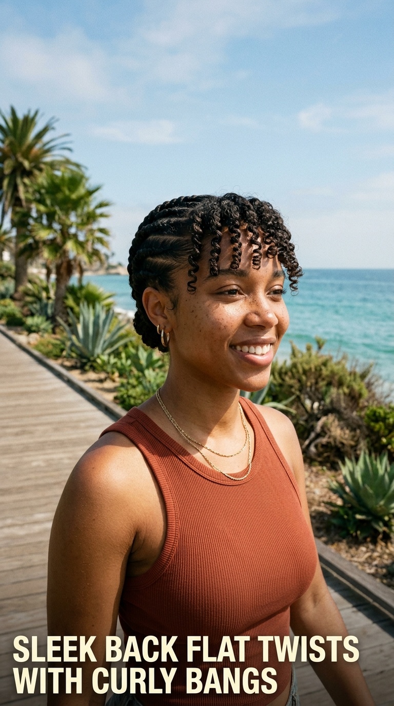 Sleek Back Flat Twists with Curly Bangs