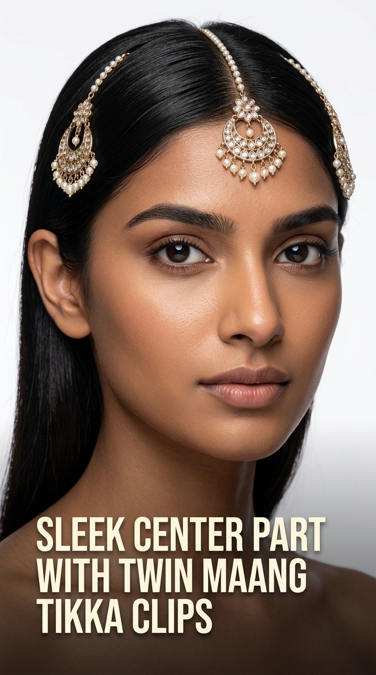 Sleek Center Part with Twin Maang Tikka Clips