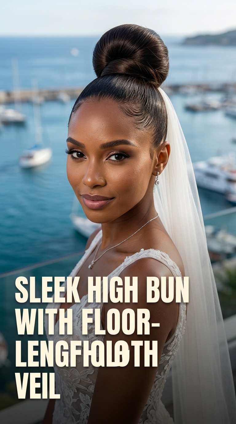 Sleek High Bun with Floor-Length Veil