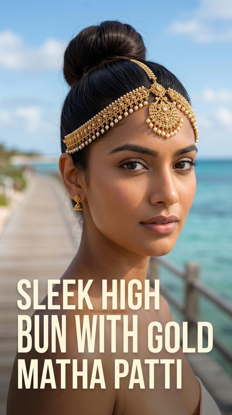 Sleek High Bun with Gold Matha Patti