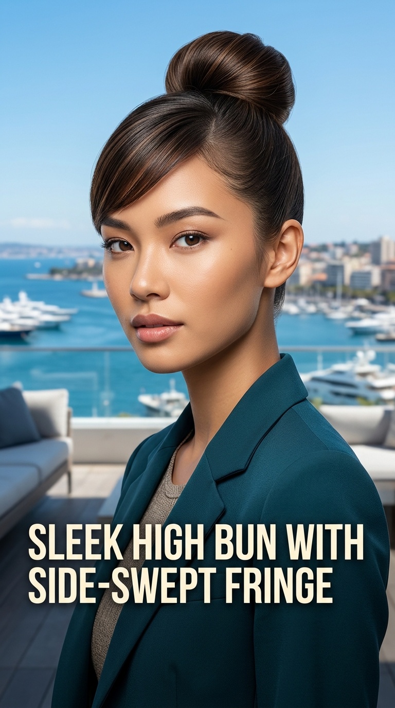 Sleek High Bun with Side-Swept Fringe