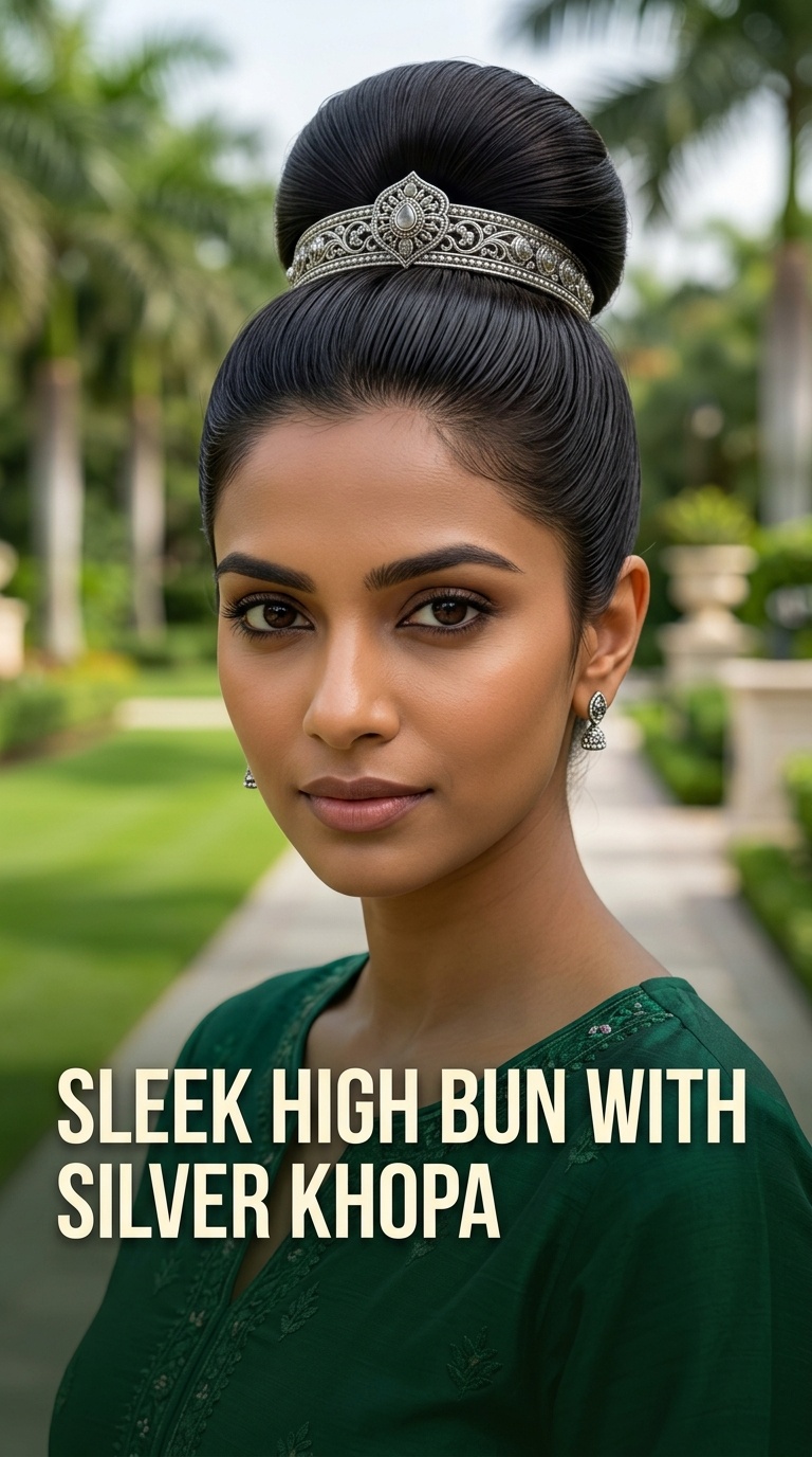 Sleek High Bun with Silver Khopa
