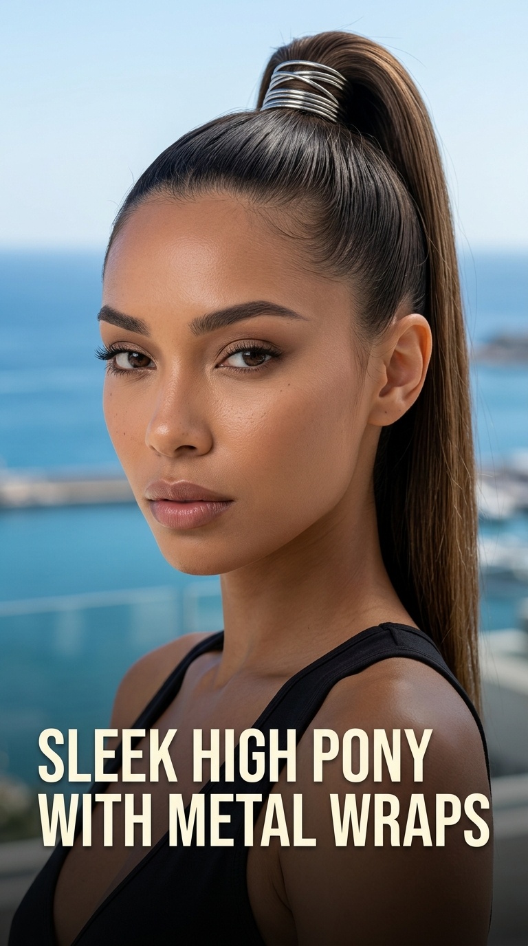 Sleek High Pony with Metal Wraps