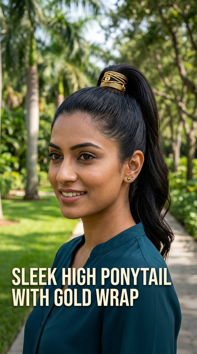 Sleek High Ponytail with Gold Wrap