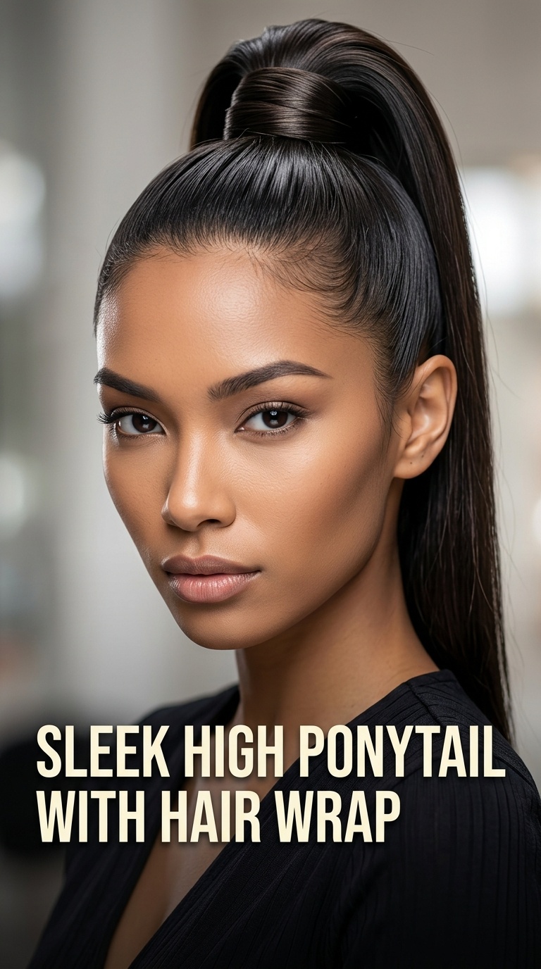 Sleek High Ponytail with Hair Wrap