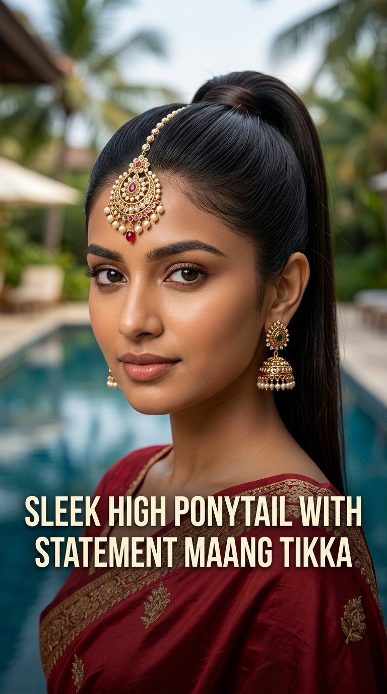 Sleek High Ponytail with Statement Maang Tikka