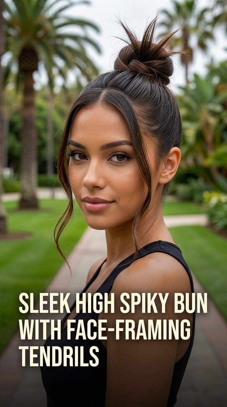 Sleek High Spiky Bun with Face-Framing Tendrils