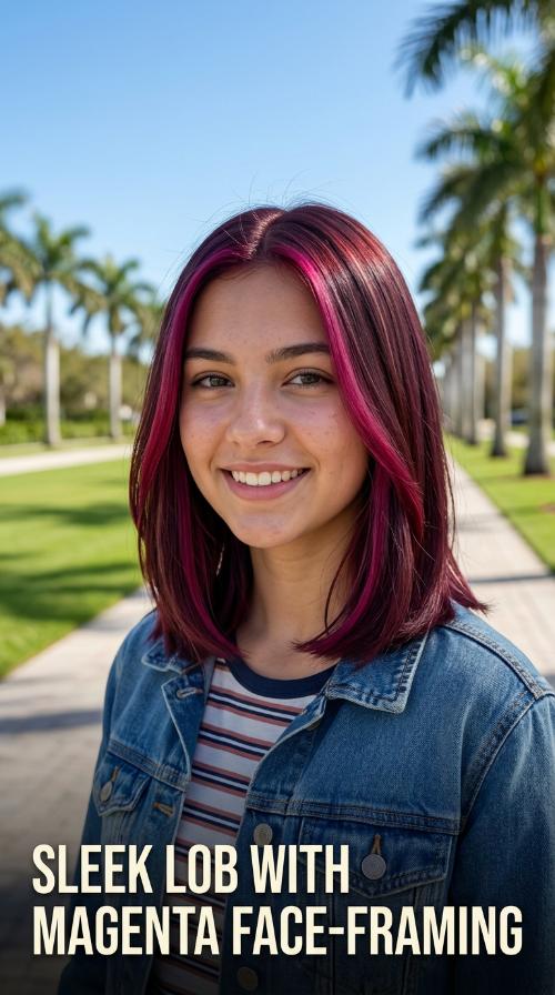 Sleek Lob with Magenta Face-Framing