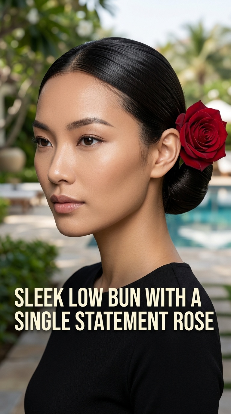 Sleek Low Bun with a Single Statement Rose