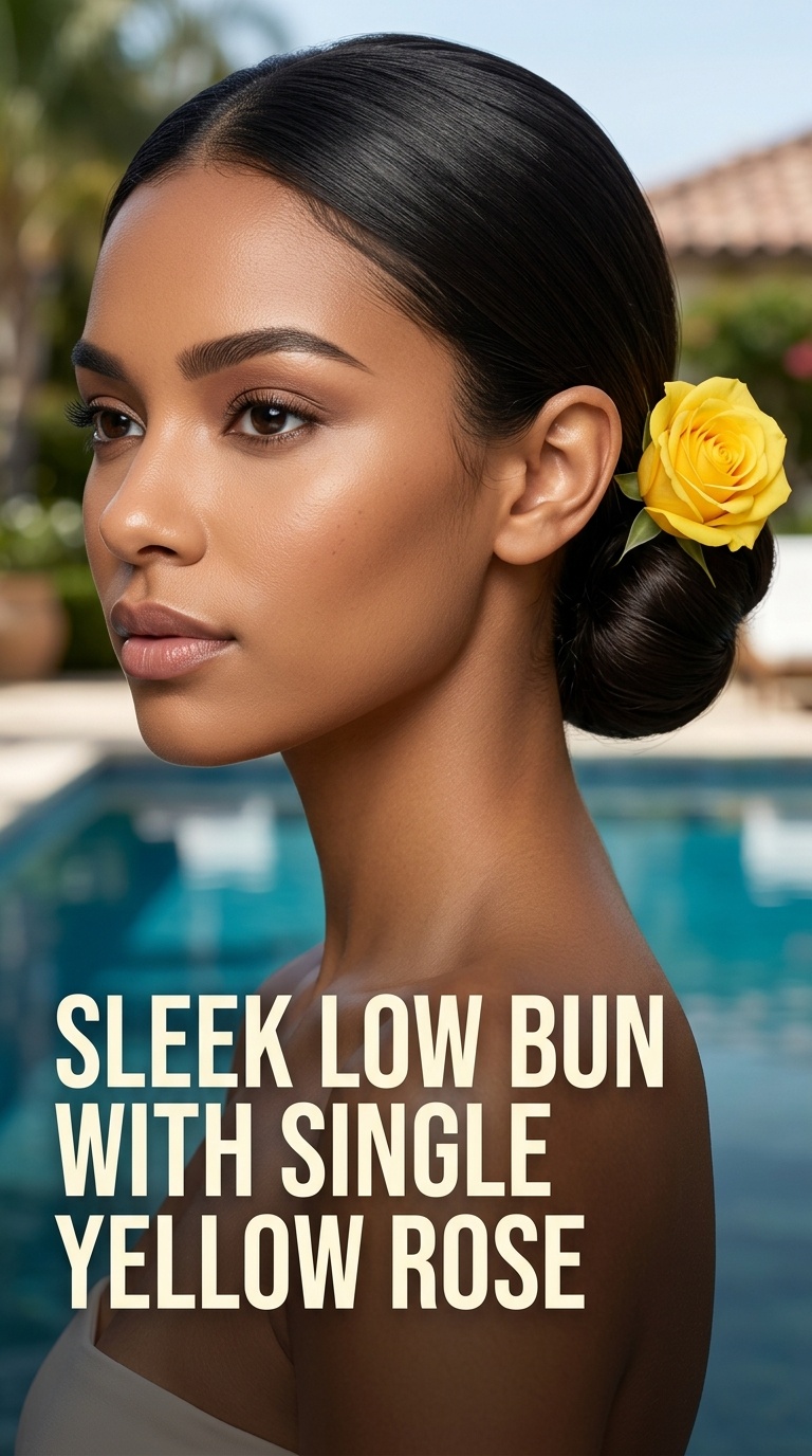 Sleek Low Bun with Single Yellow Rose