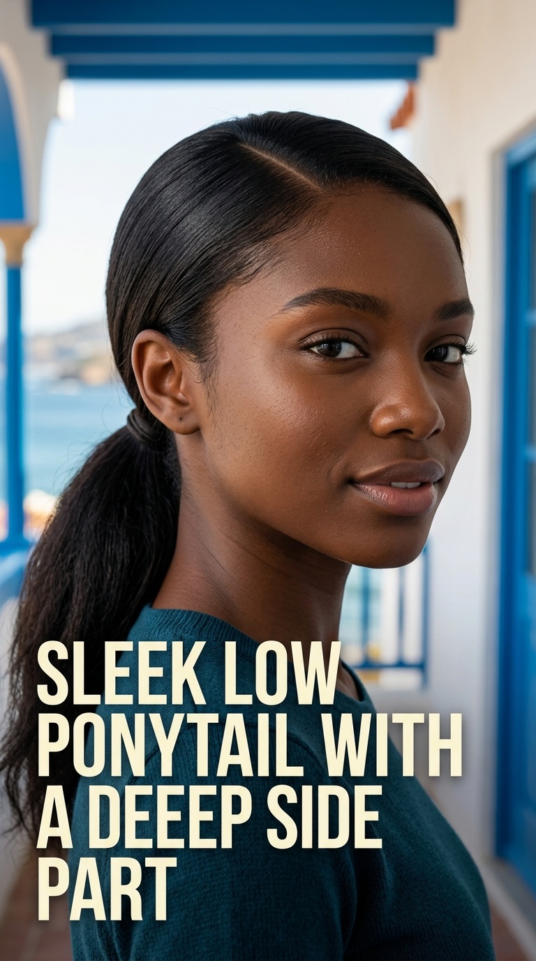 Sleek Low Ponytail with a Deep Side Part