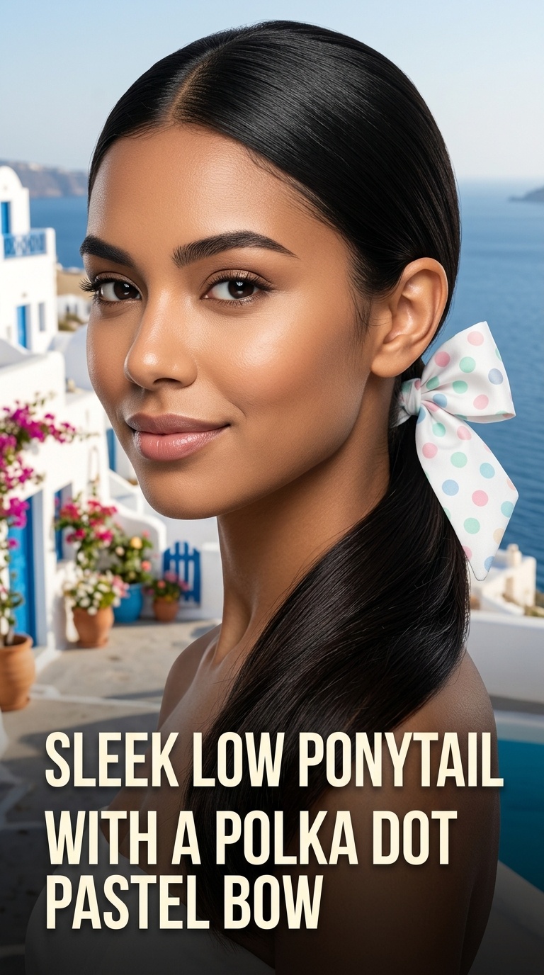 Sleek Low Ponytail with a Polka Dot Pastel Bow