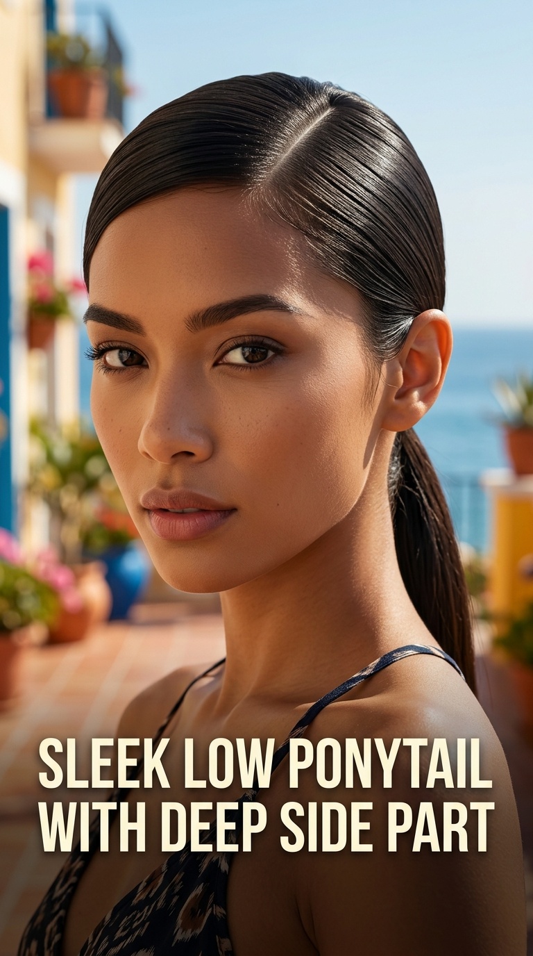 Sleek Low Ponytail with Deep Side Part