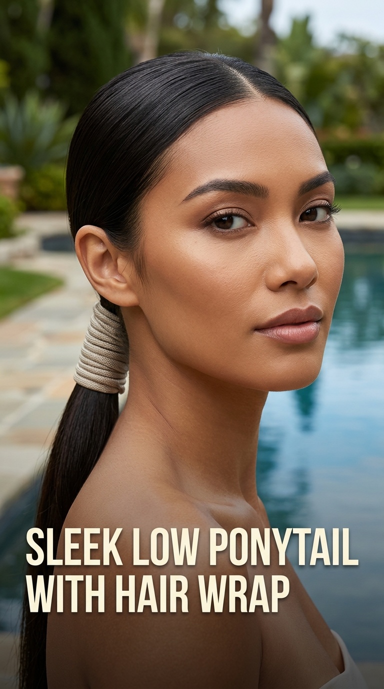 Sleek Low Ponytail with Hair Wrap