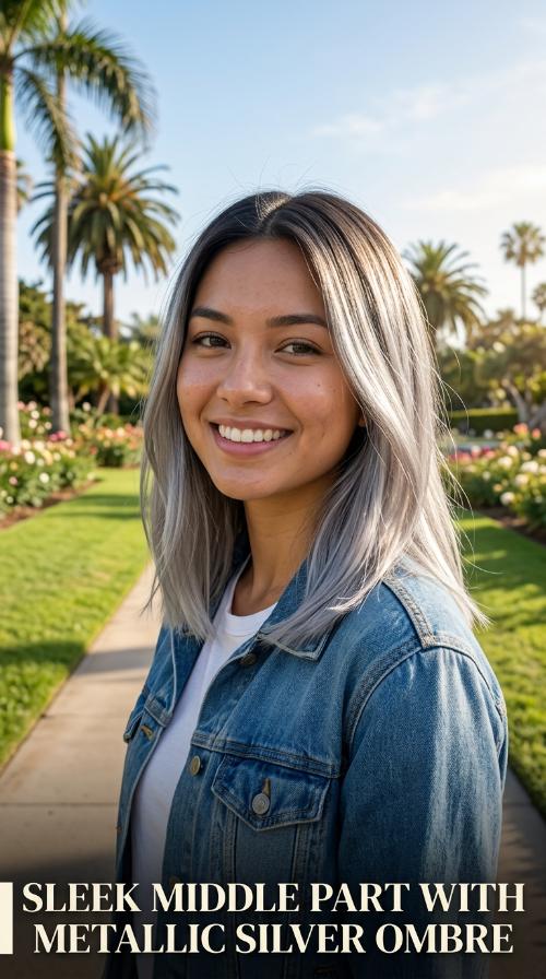 Sleek Middle Part with Metallic Silver Ombre