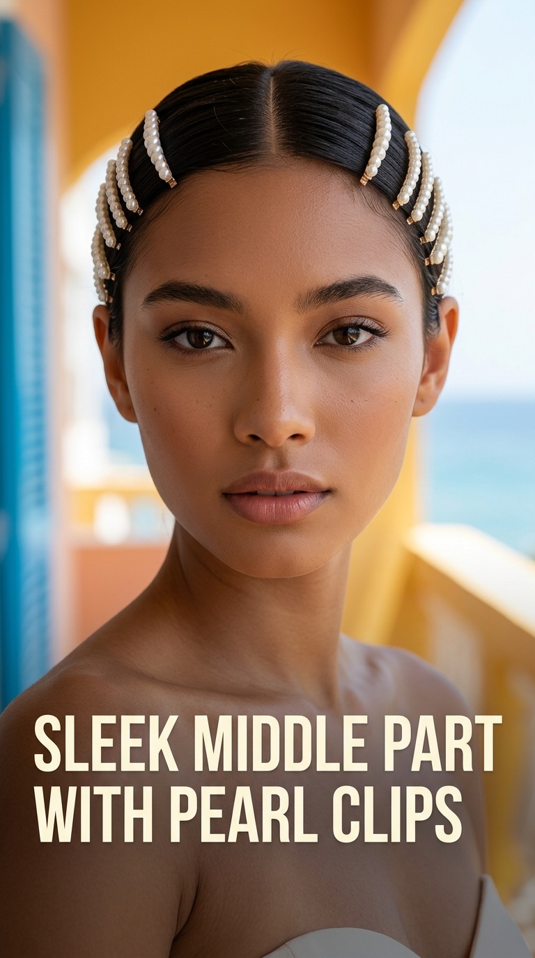 Sleek Middle Part with Pearl Clips