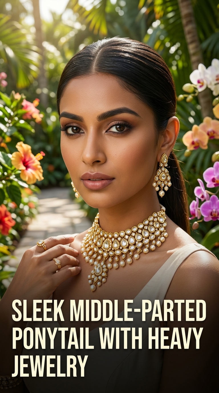 Sleek Middle-Parted Ponytail with Heavy Jewelry
